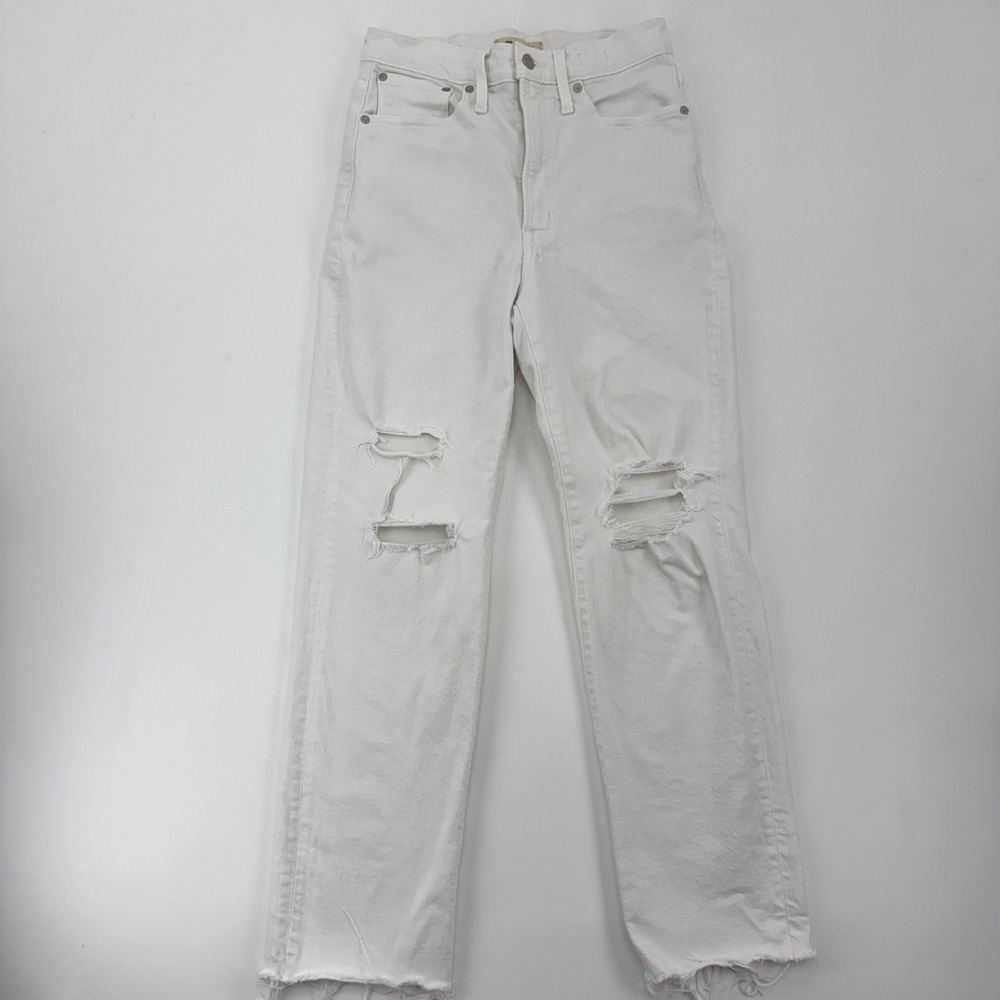 Madewell The Perfect Vintage Straight Jean White Distressed Raw Hem 26 ND516‎